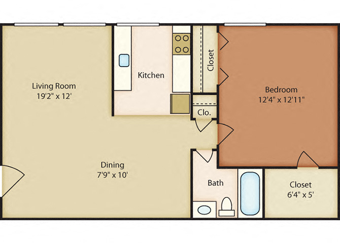 Floor plan for 1 bed, 1 bath, 610 sqft