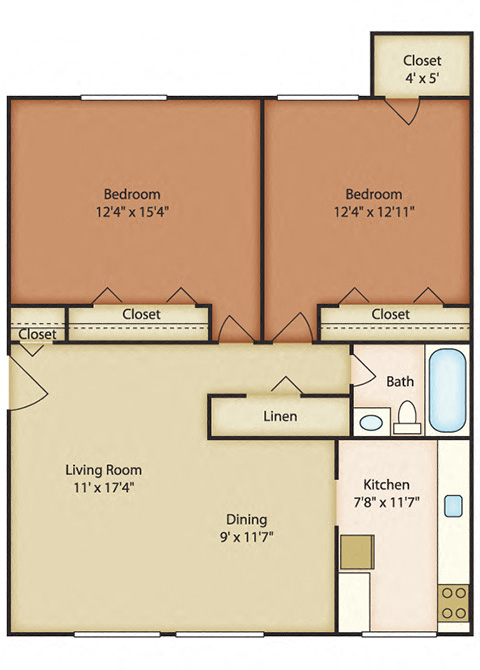 Floor plan for 2 beds, 1 bath, 910 sqft