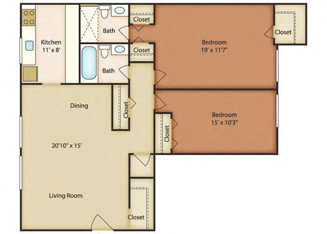 Floor plan for 2 beds, 2 baths, 920 sqft