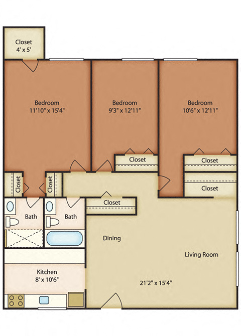 Floor plan for 3 beds, 2 baths, 1040 sqft