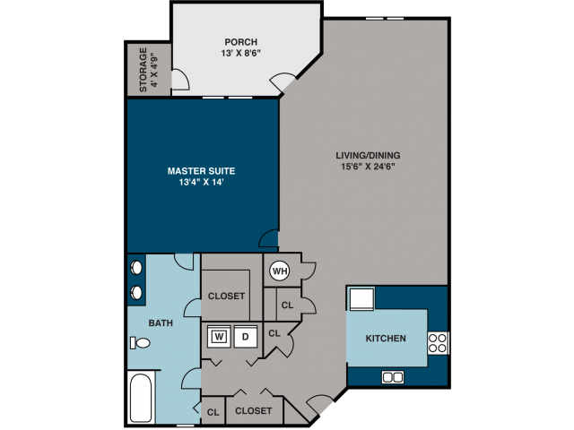 Floor plan for 1 bed, 1 bath, 932 sqft