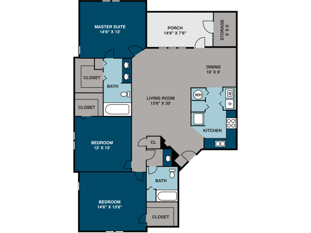 Floor plan for 3 beds, 2 baths, 1463 sqft