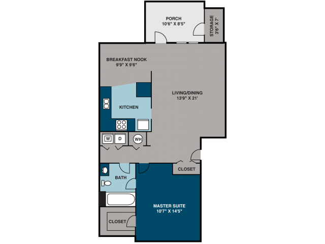 Floor plan for 1 bed, 1 bath, 890 sqft