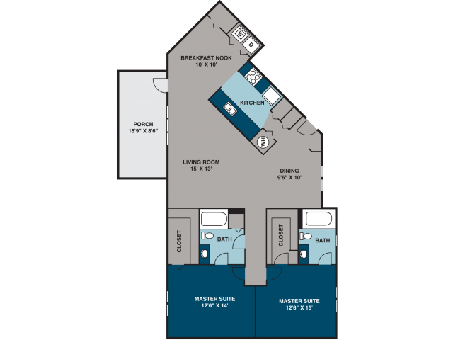 Floor plan for 2 beds, 2 baths, 1280 sqft
