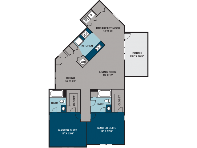 Floor plan for 2 beds, 2 baths, 1280 sqft