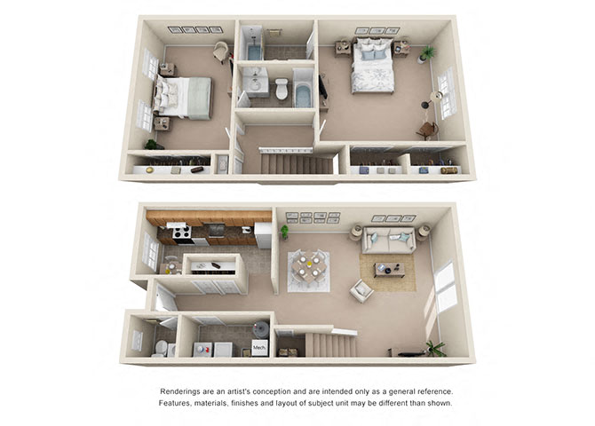 Floor plan for 2 beds, 2.5 baths, 1465 sqft