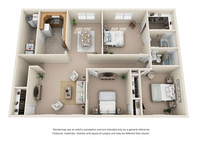 Floor plan for 3 beds, 2 baths, 1515 sqft