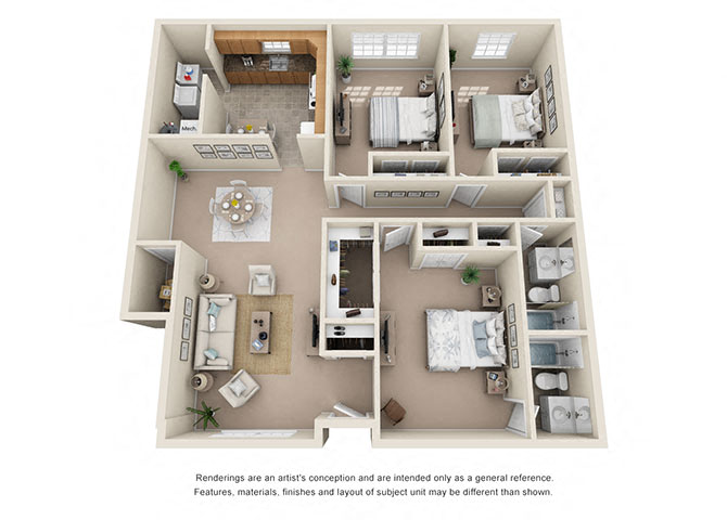 Floor plan for 3 beds, 2 baths, 1430 sqft