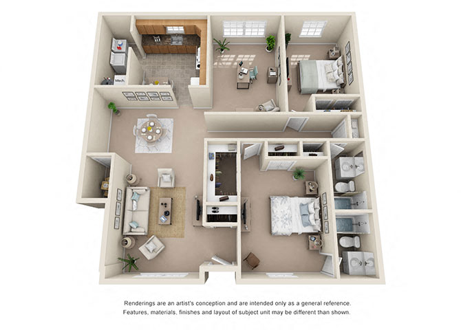Floor plan for 2 beds, 2 baths, 1430 sqft