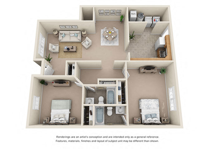 Floor plan for 2 beds, 2 baths, 1235 sqft