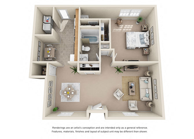 Floor plan for 1 bed, 1 bath, 955 sqft