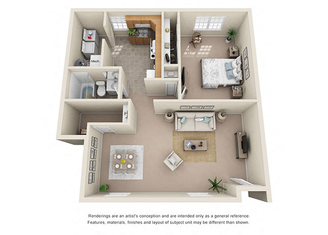 Floor plan for 1 bed, 1 bath, 870 sqft