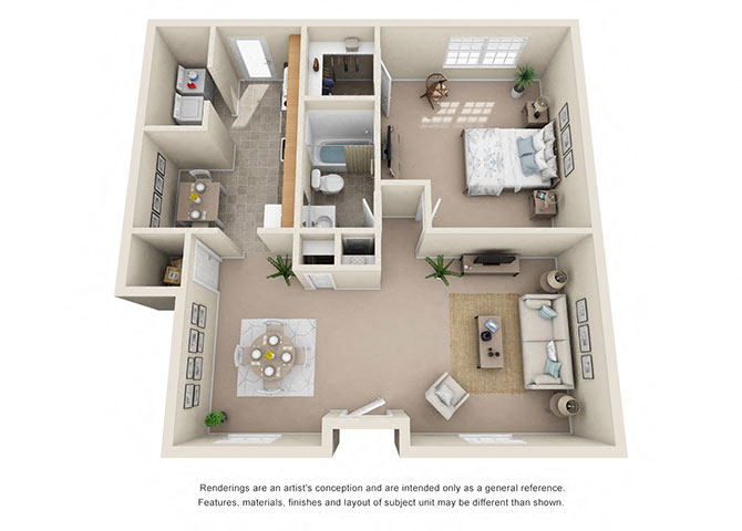 Floor plan for 1 bed, 1 bath, 870 sqft