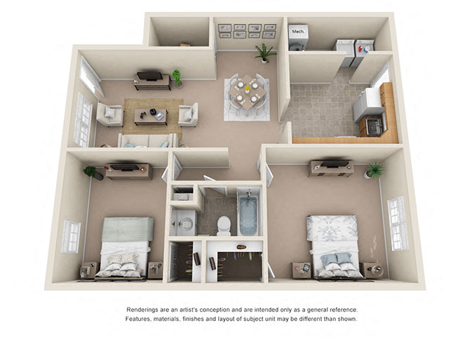 Floor plan for 2 beds, 1 bath, 1050 sqft