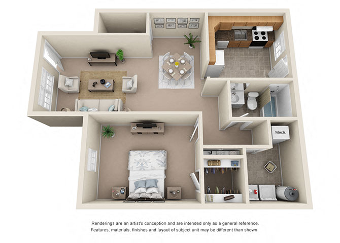 Floor plan for 1 bed, 1 bath, 880 sqft