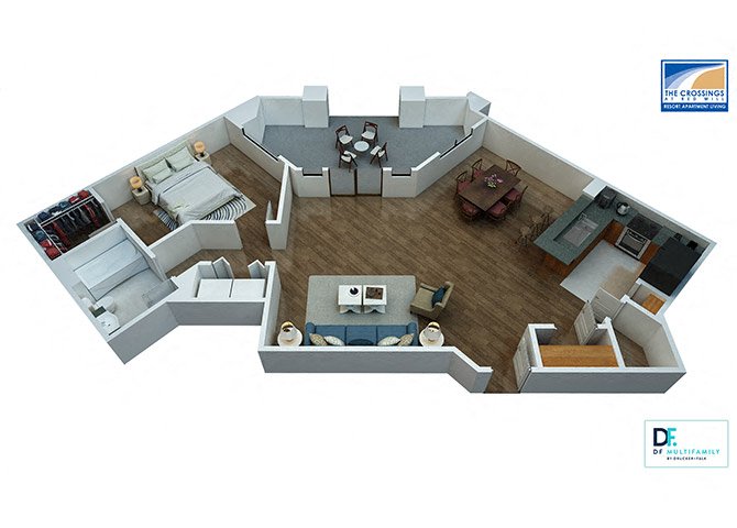 Floor plan for 1 bed, 1 bath, 1042 sqft