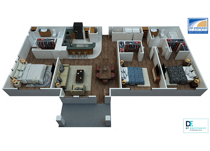 Floor plan for 3 beds, 2 baths, 1361 sqft