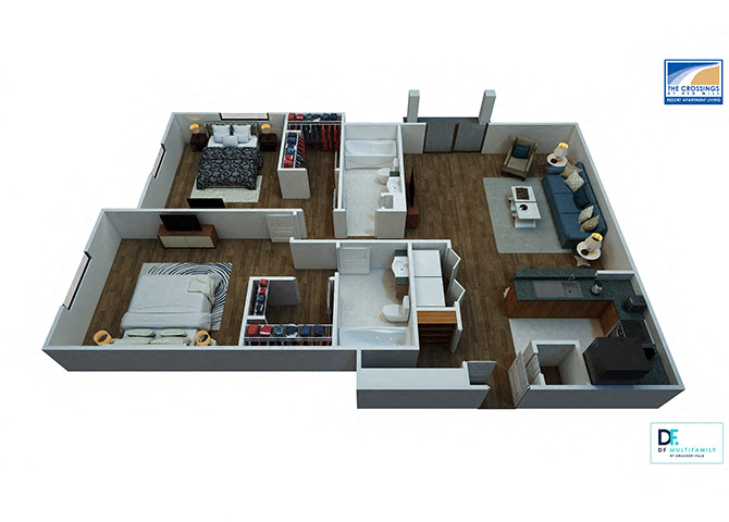 Floor plan for 2 beds, 2 baths, 1197 sqft