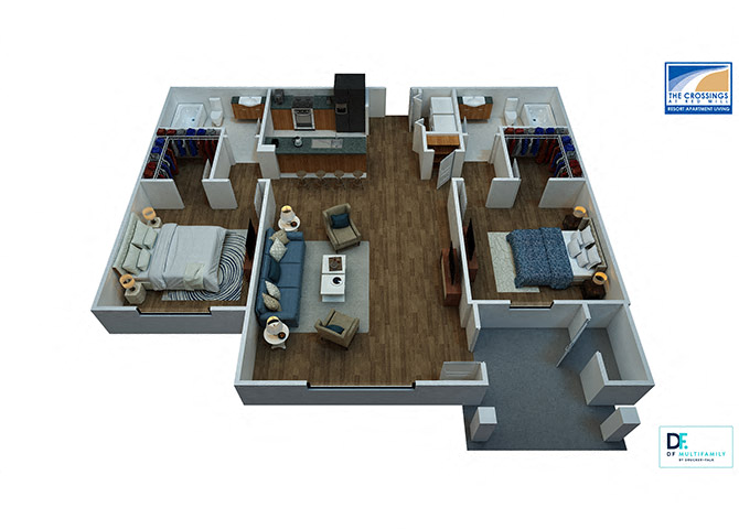 Floor plan for 2 beds, 2 baths, 1074 sqft