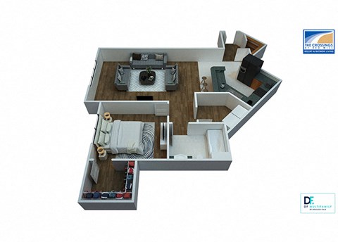 Floor plan for 1 bed, 1 bath, 893 sqft