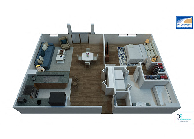 Floor plan for 1 bed, 1 bath, 791 sqft