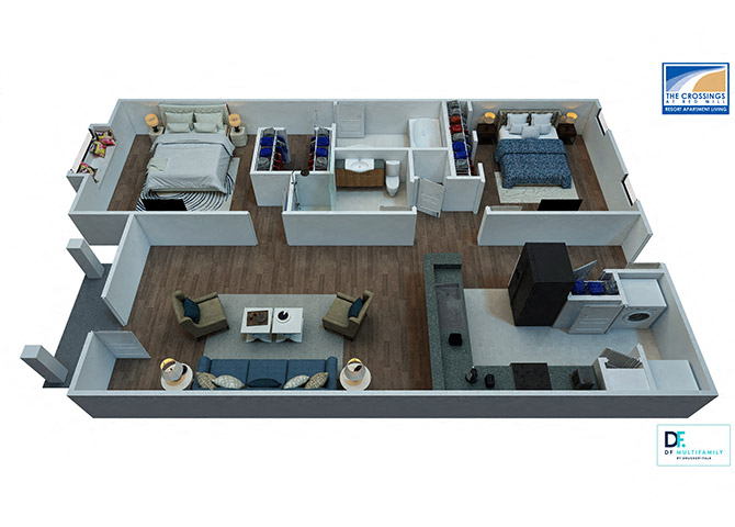 Floor plan for 2 beds, 2 baths, 1149 sqft