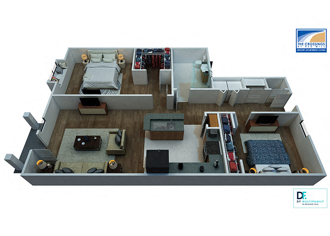 Floor plan for 2 beds, 1 bath, 1091 sqft