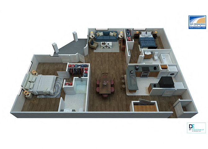Floor plan for 2 beds, 2 baths, 1256 sqft