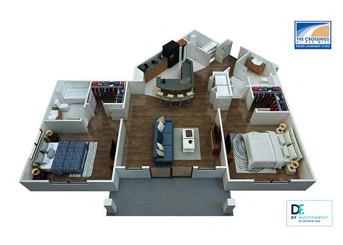Floor plan for 2 beds, 2 baths, 1208 sqft
