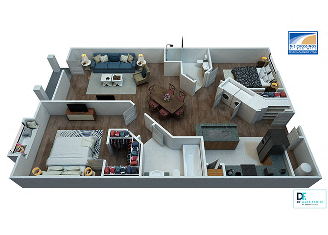 Floor plan for 2 beds, 2 baths, 1185 sqft