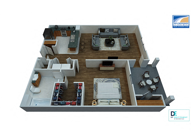 Floor plan for 1 bed, 1 bath, 824 sqft