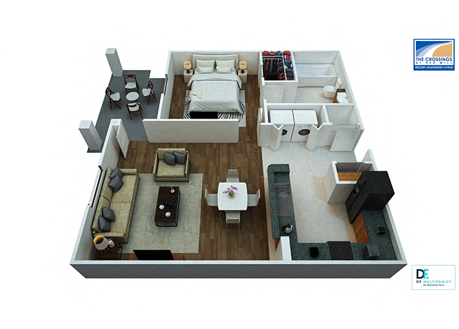 Floor plan for 1 bed, 1 bath, 725 sqft