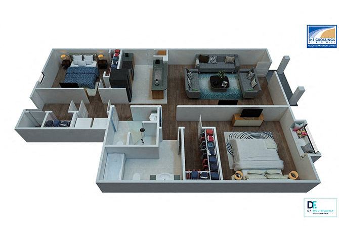Floor plan for 2 beds, 2 baths, 1091 sqft