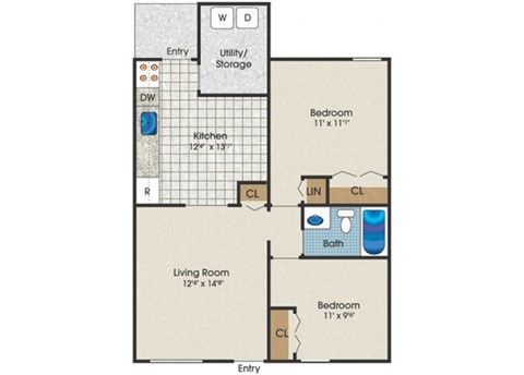 Floor plan for 2 beds, 1 bath, 630 sqft