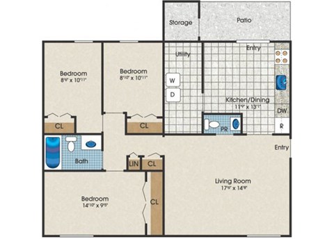 Floor plan for 3 beds, 1.5 baths, 970 sqft