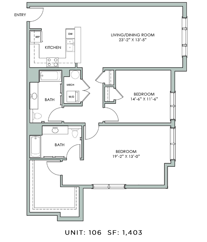Floor plan for 2 beds, 2 baths, 1403 sqft