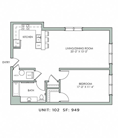 Floor plan for 1 bed, 1 bath, 949 sqft