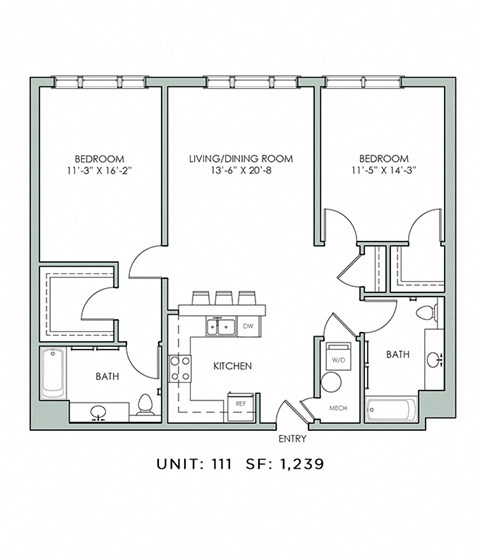 Floor plan for 2 beds, 2 baths, 1239 sqft