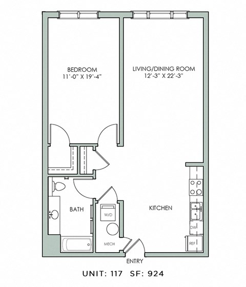 Floor plan for 1 bed, 1 bath, 924 sqft