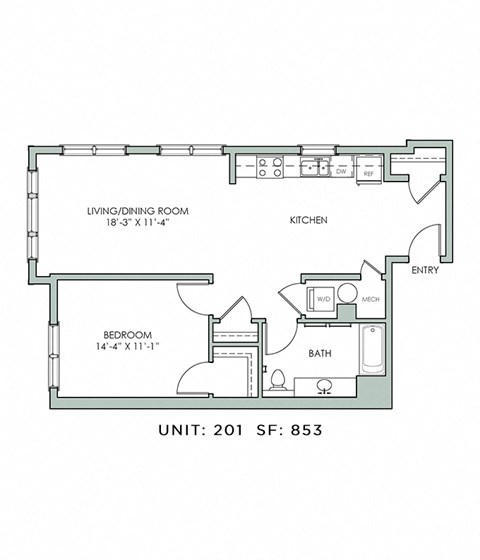 Floor plan for 1 bed, 1 bath, 853 sqft