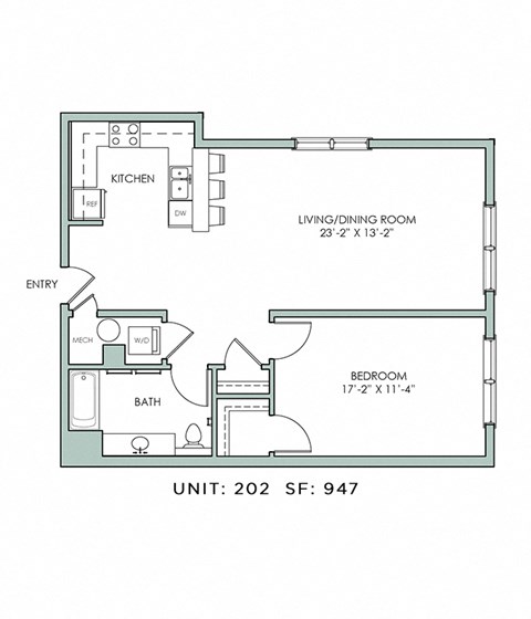 Floor plan for 1 bed, 1 bath, 947 sqft