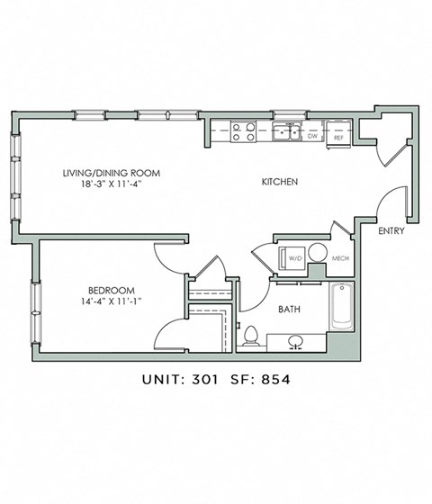 Floor plan for 1 bed, 1 bath, 854 sqft