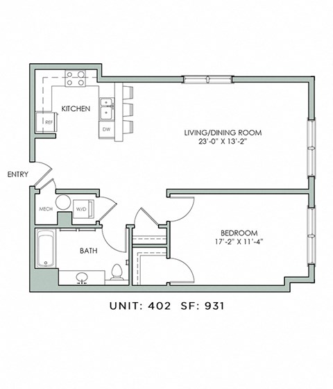 Floor plan for 1 bed, 1 bath, 931 sqft