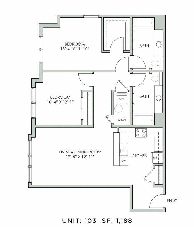 Floor plan for 2 beds, 2 baths, 1188 sqft