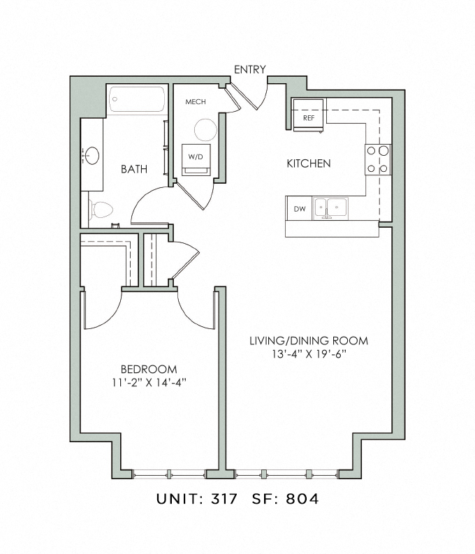 Floor plan for 1 bed, 1 bath, 804 sqft