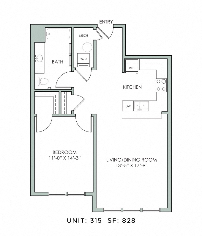 Floor plan for 1 bed, 1 bath, 828 sqft