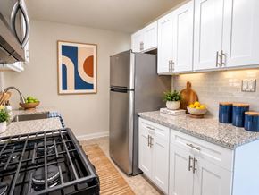 Alexandria apartment for rent - A modern kitchen with a stainless steel refrigerator and white cabinets.