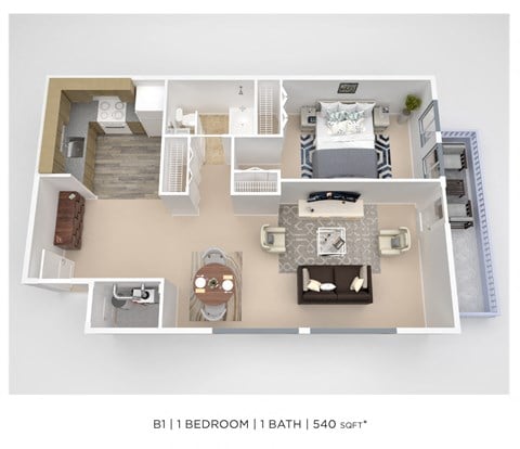 Floor plan for 1 bed, 1 bath, 540 sqft