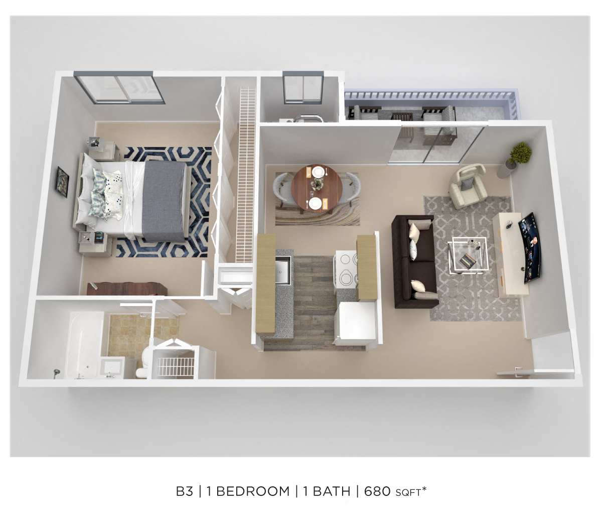 Floor plan for 1 bed, 1 bath, 680 sqft