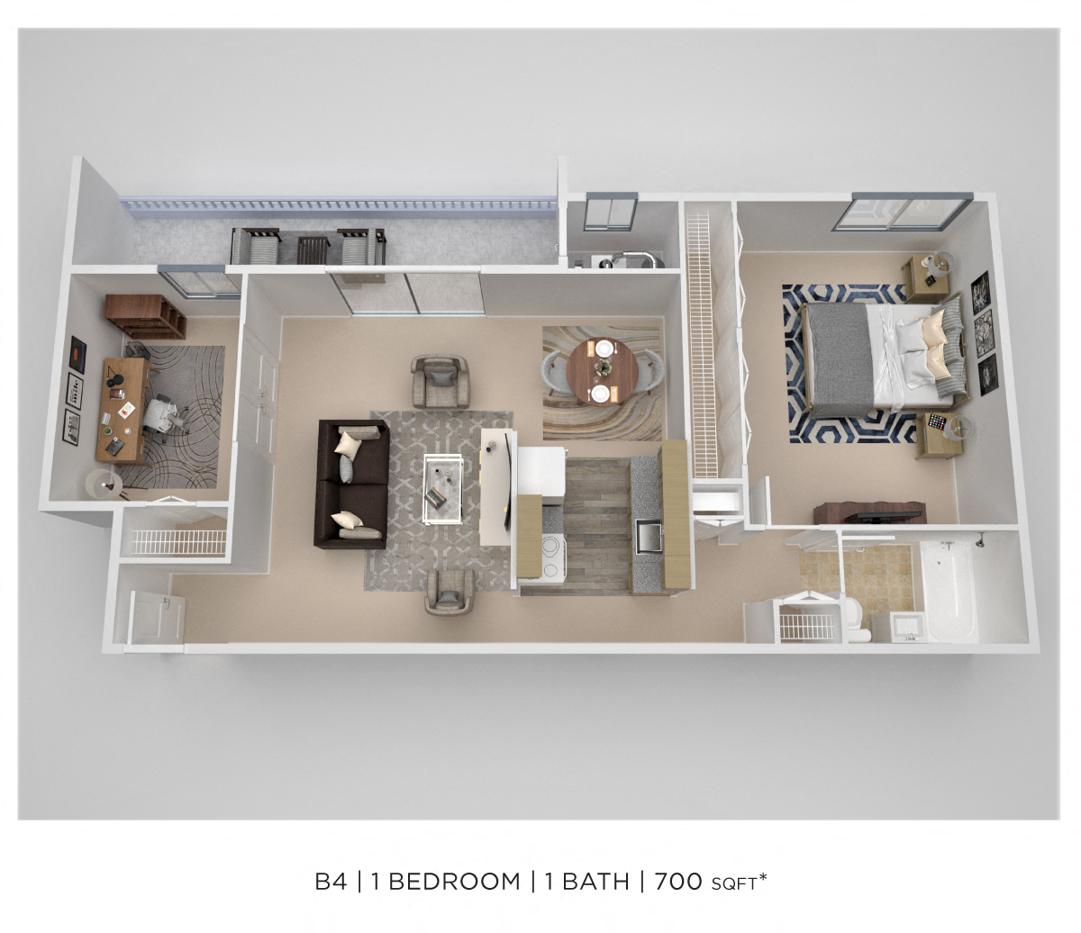 Floor plan for 1 bed, 1 bath, 700 sqft